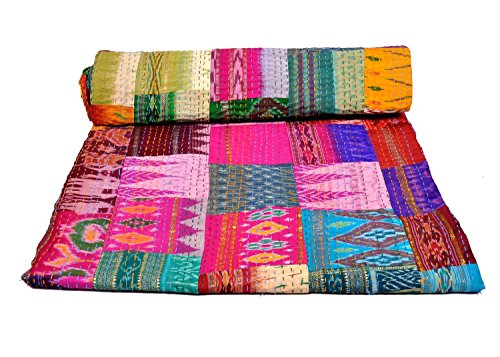Online Big Bazar - Funda de edredón para cama de matrimonio, seda, diseño de Sari indio, reversible, parche hecho a mano