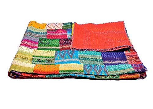 Online Big Bazar - Funda de edredón para cama de matrimonio, seda, diseño de Sari indio, reversible, parche hecho a mano