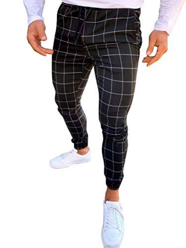 Onsoyours Hombre Pantalones Chino Casual Jogging Slim Fit Sports Jogging Pantalones Estampados A Cuadros Verano Y Otoño Pantalones Largos Delgados Negro M