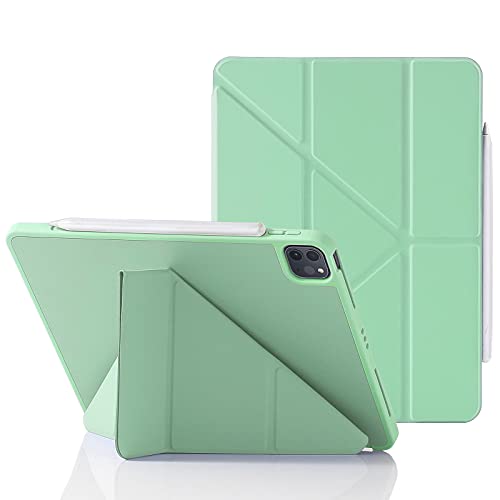 Origami Funda para iPad Pro 11 Pulgadas 3ª 2ª 1ª Generación 2021/2020/2018 con Portalápices, 5-en-1 Múltiples Ángulos de Visión, Carcasa Auto Sueño/Estela, Carga Inalámbrica del Pencil 2, Verde