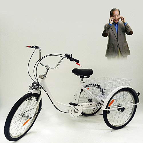 OU BEST CHOOSE 24" 3 Ruedas Triciclo Adulto con Bicicleta de 6 velocidades, Cesta de la Compra Trike Triciclo Pedal Bicicleta de Ciclismo, para IR de Compras al Aire Libre Picnic Deportes (White)