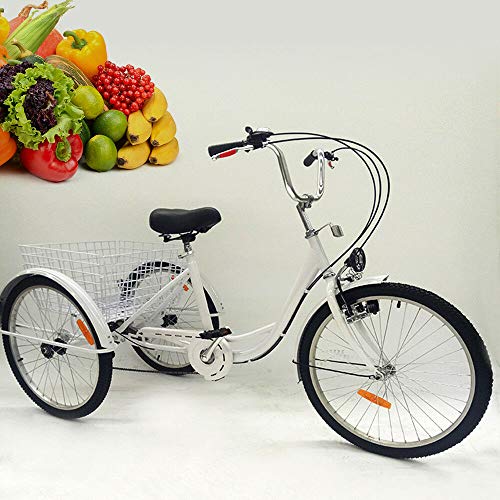 OU BEST CHOOSE 24" 3 Ruedas Triciclo Adulto con Bicicleta de 6 velocidades, Cesta de la Compra Trike Triciclo Pedal Bicicleta de Ciclismo, para IR de Compras al Aire Libre Picnic Deportes (White)