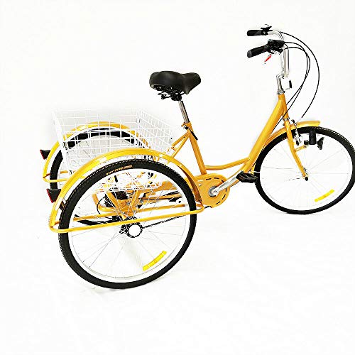 OUKANING Bicicleta de 24 Pulgadas y 3 Ruedas,Triciclo para Adultos,Triciclo de Bicicleta Amarillo de 6 velocidades con Cesta de Aluminio para Adultos,Bicicleta cómoda para Exteriores (Sin luz)