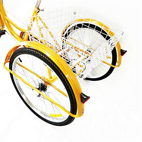OUKANING Bicicleta de 24 Pulgadas y 3 Ruedas,Triciclo para Adultos,Triciclo de Bicicleta Amarillo de 6 velocidades con Cesta de Aluminio para Adultos,Bicicleta cómoda para Exteriores (Sin luz)