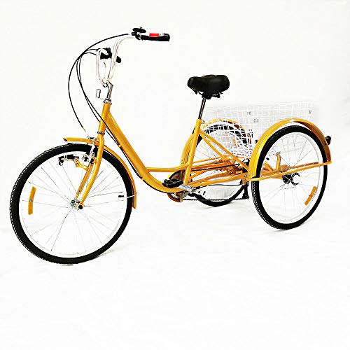 OUKANING Bicicleta de 24 Pulgadas y 3 Ruedas,Triciclo para Adultos,Triciclo de Bicicleta Amarillo de 6 velocidades con Cesta de Aluminio para Adultos,Bicicleta cómoda para Exteriores (Sin luz)