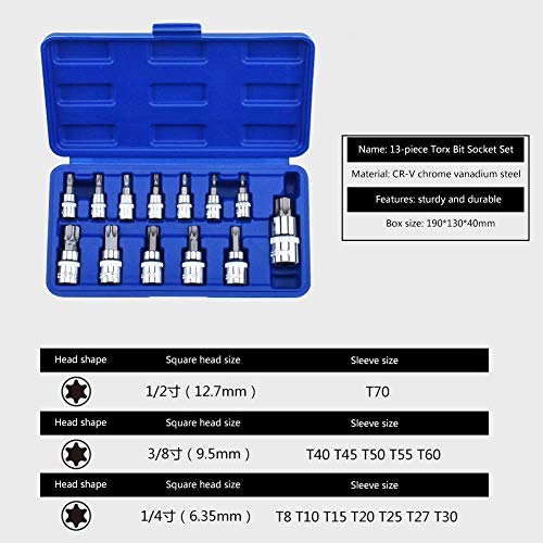 oumuik 13 zócalos Torx Star Socket Kit de zócalo hexagonal, punta de destornillador, punta torx, T8, T10, T15, T20, T25, T27, T30, T40, T45, T50, T55, T60, T70