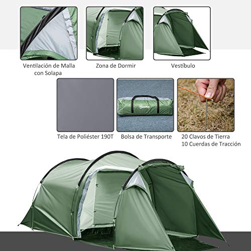 Outsunny Tienda de Campaña Familiar 3-4 Personas Plegable Impermeable 2000+ mm a Prueba de UV 20+ con Vestíbulo para Camping Senderismo Festivales 426x206x154 cm Verde