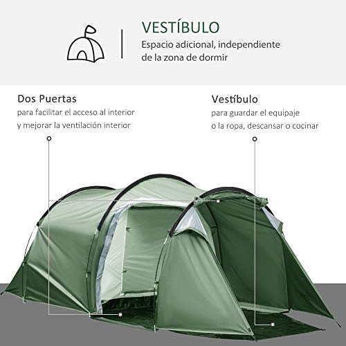 Outsunny Tienda de Campaña Familiar 3-4 Personas Plegable Impermeable 2000+ mm a Prueba de UV 20+ con Vestíbulo para Camping Senderismo Festivales 426x206x154 cm Verde