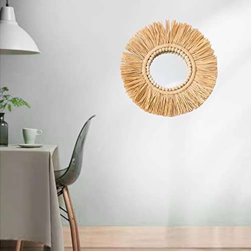 P Prettyia Espejo de Pared Redondo Tejido 40 cm Espejo Colgante de Pared Estilo Bohemio con Cuentas de Madera Espejo de Pared artístico para decoración auténtica - Espejo Completo