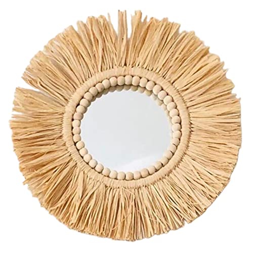 P Prettyia Espejo de Pared Redondo Tejido 40 cm Espejo Colgante de Pared Estilo Bohemio con Cuentas de Madera Espejo de Pared artístico para decoración auténtica - Espejo Completo