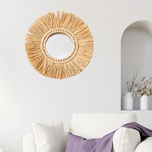 P Prettyia Espejo de Pared Redondo Tejido 40 cm Espejo Colgante de Pared Estilo Bohemio con Cuentas de Madera Espejo de Pared artístico para decoración auténtica - Espejo Completo