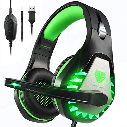 Pacrate Auriculares Gaming PS4, Cascos Gaming para PC Xbox One Nintendo Switch Mac, Auriculares con Micrófono de Estéreo Bass Surround y Cancelación de Ruido, Cascos Gaming 3.5mm Jack con Luz LED