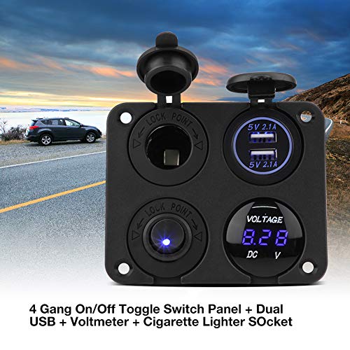 Panel de enchufe de cargador 4 en 1 ON/OFF, panel de interruptor de palanca ON/OFF de 4 unidades Toma de corriente USB doble y voltímetro LED y enchufe para encendedor de cigarrillos y luz LED(Azul)