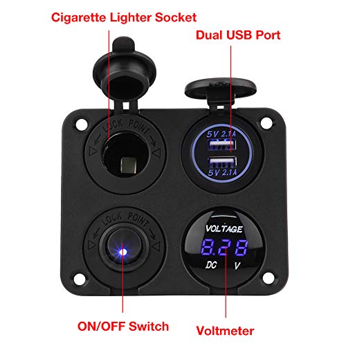 Panel de enchufe de cargador 4 en 1 ON/OFF, panel de interruptor de palanca ON/OFF de 4 unidades Toma de corriente USB doble y voltímetro LED y enchufe para encendedor de cigarrillos y luz LED(Azul)