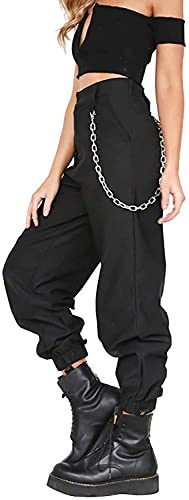 Pantalon con Cadena y Bolsillos Mujer Retro Boyfriend Pantalone Chandal Cargo Baggy Hip Hop Danza Harem Pants Leggins Deporte Cintura Alta Sólido Casual Trousers Verano Pantalones Punk Rock Streetwear