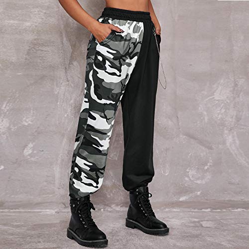 Pantalones Cargo Mujer Streetwear Pantalones Casuales Sueltos de Cintura Alta con Bolsillos Pantalones de Moda de Costura de Color de Cadena