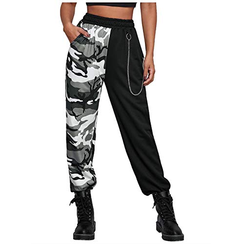 Pantalones Cargo Mujer Streetwear Pantalones Casuales Sueltos de Cintura Alta con Bolsillos Pantalones de Moda de Costura de Color de Cadena