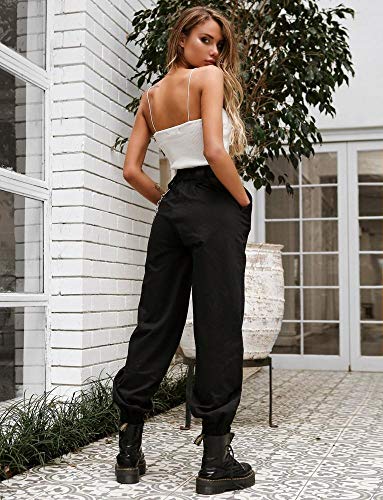 Pantalones Casuales Deportivos de Harén para Mujer Niña de Cintura Alta Larga y Ancha con Cadena para Gimnasia Baile (Negro, L)