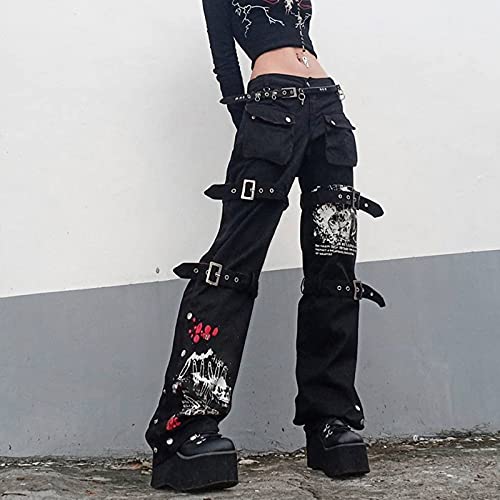 Pantalones góticos Punk de Pierna Ancha para Mujer Pantalones Deportivos de Hip Hop con Estilo Cargo Jogger