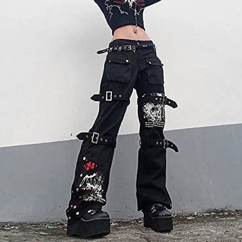 Pantalones góticos Punk de Pierna Ancha para Mujer Pantalones Deportivos de Hip Hop con Estilo Cargo Jogger