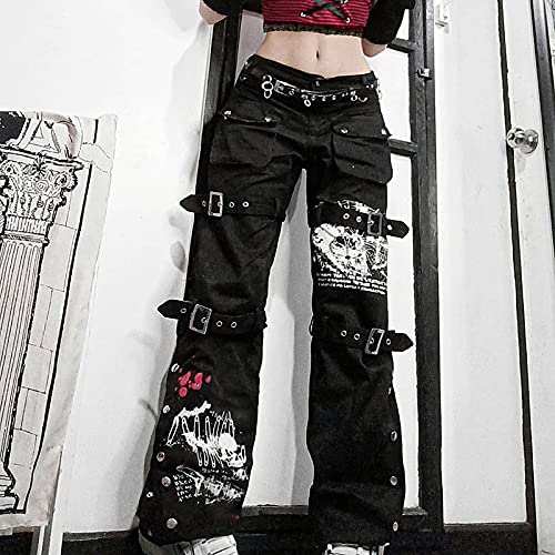 Pantalones góticos Punk de Pierna Ancha para Mujer Pantalones Deportivos de Hip Hop con Estilo Cargo Jogger