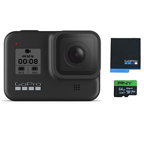 Paquete de GoPro HERO8 Black, cámara de acción impermeable con pantalla táctil 4K Ultra HD Video, 12 MP, fotos, 1080p Live con accesorios, batería GoPro de EE. UU. + tarjeta PNY U3 microSDHC de 64 GB
