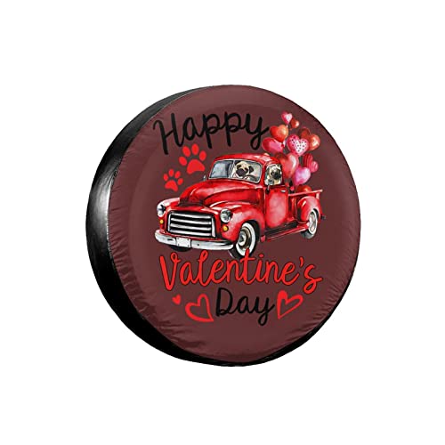 Pareja Pug Red Truck Happy Valentines Day Fundas de rueda de repuesto universal para neumáticos de repuesto para remolques Rv Suv y varios accesorios de vehículos de 15 pulgadas