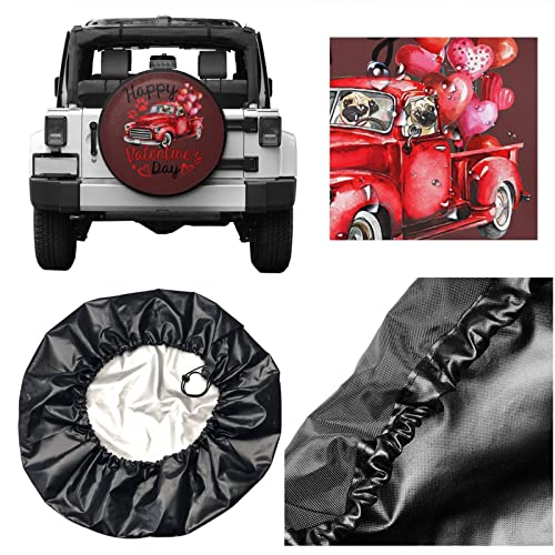 Pareja Pug Red Truck Happy Valentines Day Fundas de rueda de repuesto universal para neumáticos de repuesto para remolques Rv Suv y varios accesorios de vehículos de 15 pulgadas