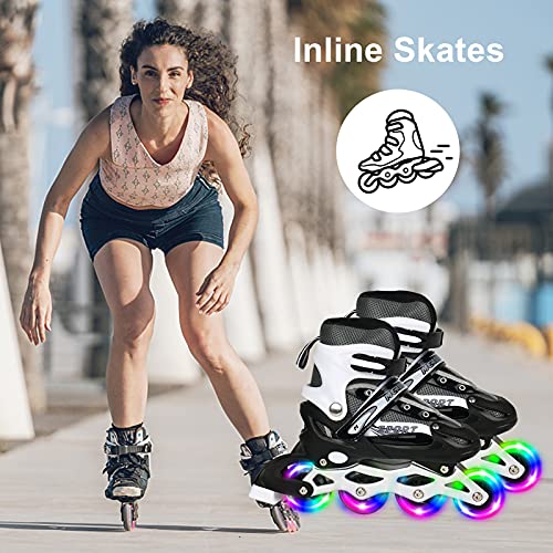 Patines en línea con tamaño ajustable, patines con ruedas iluminadas, patines con equipo de protección para adultos y niños principiantes (L)