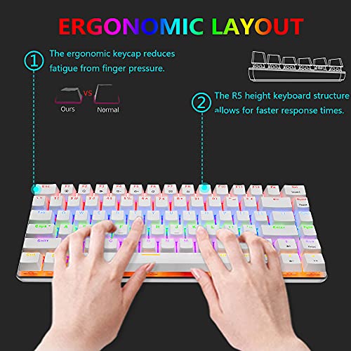 PC Teclado Mecánico para Juegos, LED Mezclado con Retroiluminación USB con Cable de 82 Teclas, Anti-Fantasma, Teclado Ergonómico de Computadora Jugar Juegos y Tipeos(Switches Azul, Blanco)