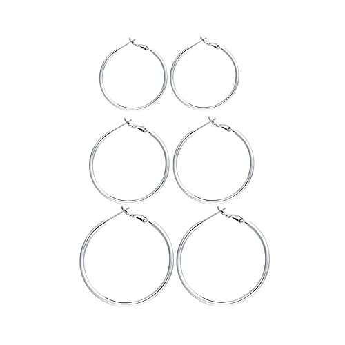 Pendientes Aro Plata ara Mujer- 3 Pares De Plata De Ley 925 Grandes Pendientes De Aro, Hipoalergénico Aros De Plata Pendientes De Moda Los Regalos para El Amigo