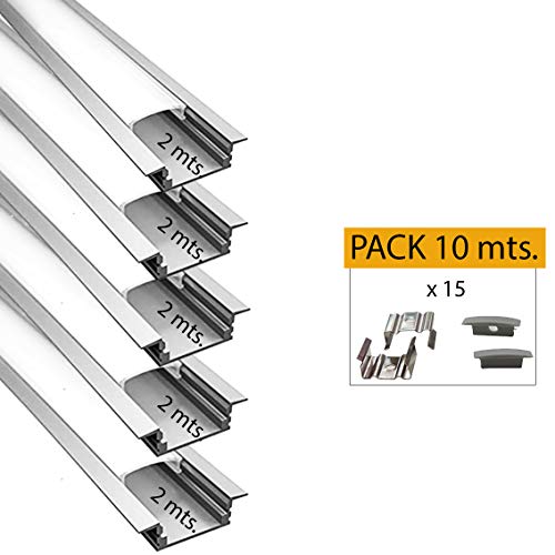 Perfil de empotrar aluminio para LED tira con difusor opaco PACK 10 metros con soporte de montaje U,barra disipador en aluminio en tiras de 2 mts, canal con soporte de montaje,tapas finales