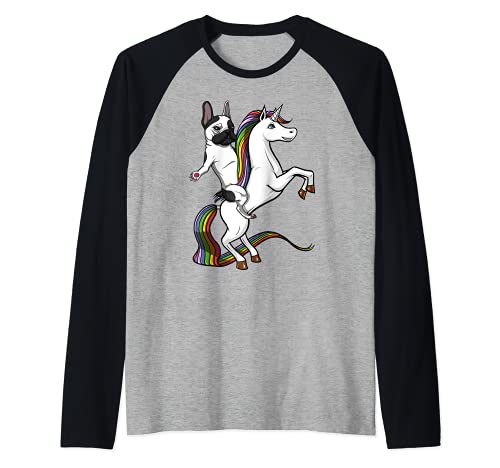 Perro Bulldog Francés Montando Unicornio Divertido Niños Camiseta Manga Raglan