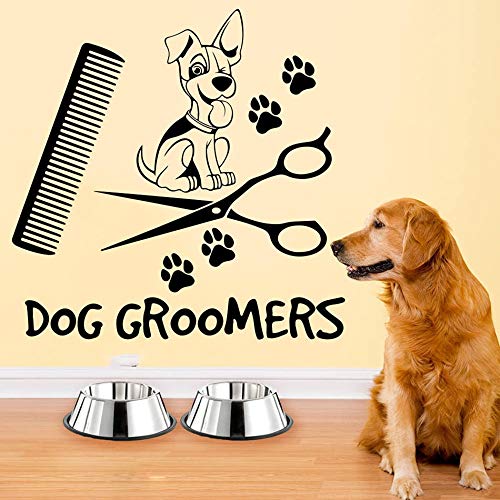 Pet Dog Grooming Pegatinas de pared Pet Salon Shop Decoración Puppy Grooming Window Decal Dog Groomer Logo Vinilo Pared Decoración para el hogar Etiqueta de la pared A3 42x41cm