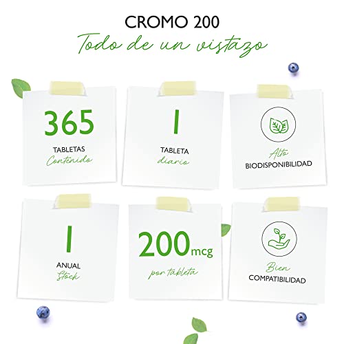 Picolinato de cromo - 200 mcg de cromo puro por comprimido - 365 comprimidos en un año - Sin aditivos indeseables - Altamente dosificado - Vegano