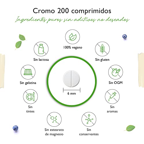 Picolinato de cromo - 200 mcg de cromo puro por comprimido - 365 comprimidos en un año - Sin aditivos indeseables - Altamente dosificado - Vegano