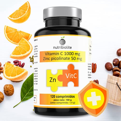 Picolinato de Zinc 50 mg + Vitamina C 1000 mg - 120 comprimidos - 4 meses - Apto para veganos - Hecho en España