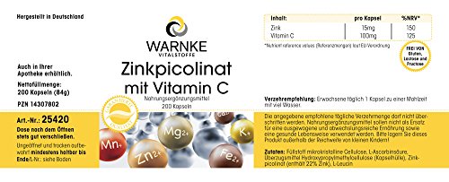 Picolinato de Zinc con Vitamina C – Vegano – Vitamina C 100mg + Zinc 15mg – 200 cápsulas