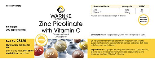 Picolinato de Zinc con Vitamina C – Vegano – Vitamina C 100mg + Zinc 15mg – 200 cápsulas