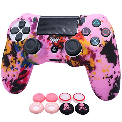 Pink PS4 Controller Skins RALAN, protector de silicona para controlador de piel, compatible con PS4 Slim/PS4 Pro Controller (Pink Pro Thumb Grip x 6, Skull Cap Grip x 2) (Color blanco rosa)