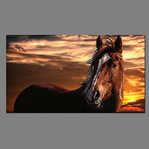 Pintura de diamante por kits de números Diamante de diamantes de imitación de cristal de taladro completo redondo Caballo marrón en la cara de pie Atardecer(30x40) CM