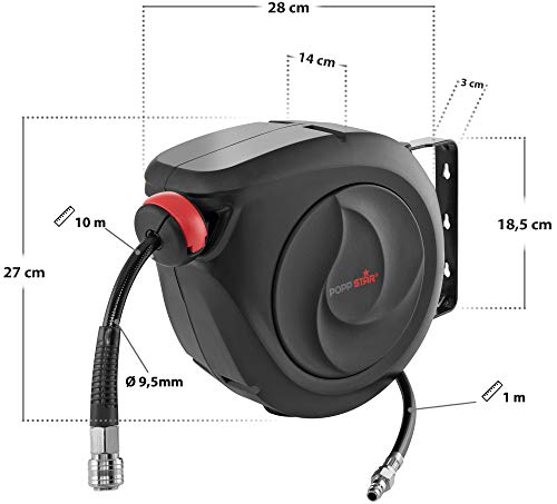 Poppstar Enrollador de manguera aire comprimido automático (manguera: 10 m + 1 m, diámetro interior 5/16” (8 x 12 mm)), conexión latón 1/4” BSPT