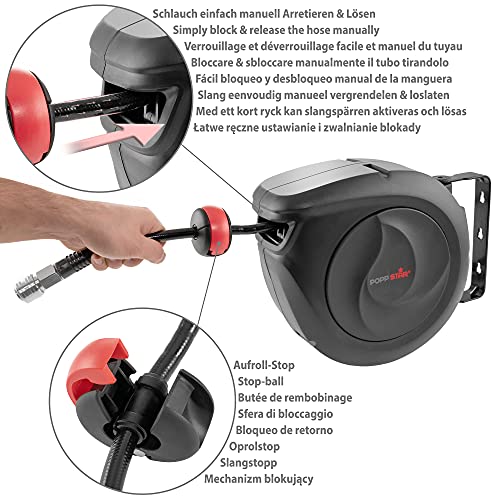 Poppstar Enrollador de manguera aire comprimido automático (manguera: 10 m + 1 m, diámetro interior 5/16” (8 x 12 mm)), conexión latón 1/4” BSPT