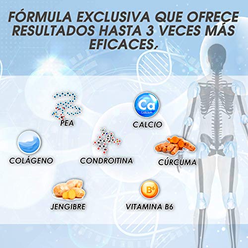 Potente e innovador tratamiento Antiinflamatorio, Analgésico y Regenerador – Con PEA Cúrcuma, Condroitina y Colágeno | Acaba con el dolor continuo o neuropático | Fórmula Eficaz | 90 cápsulas