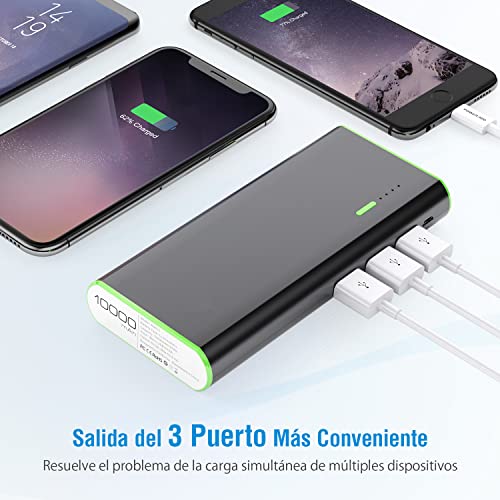 Power Bank 10000mAh con Linterna, 3 USB Salidas, Más 2.5A, Batería Externa Cargador Movil Portátil Compatible con Samsung Xiaomi Móviles Inteligentes y Tableta más -Negro