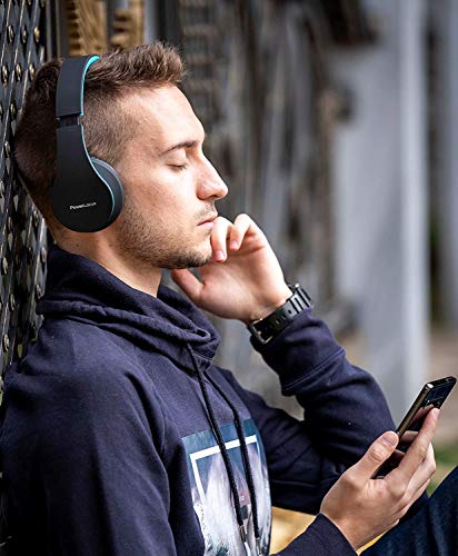 PowerLocus P1 – Auriculares Bluetooth inalambricos de Diadema Cascos Plegables, Casco Bluetooth con Sonido Estéreo con Conexión a Bluetooth Inalámbrico y Cable para Movil, PC, Tablet - Negro/Azul