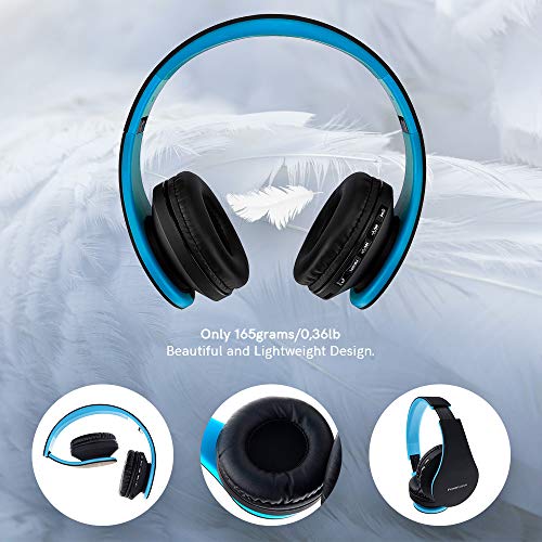 PowerLocus P1 – Auriculares Bluetooth inalambricos de Diadema Cascos Plegables, Casco Bluetooth con Sonido Estéreo con Conexión a Bluetooth Inalámbrico y Cable para Movil, PC, Tablet - Negro/Azul