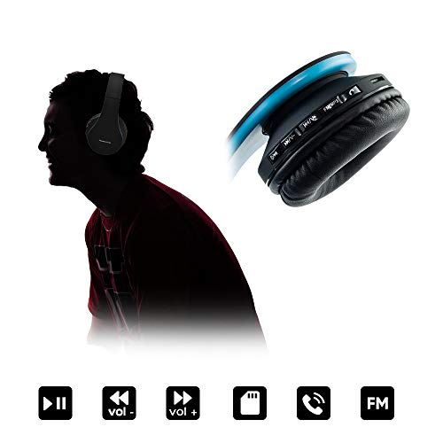 PowerLocus P1 – Auriculares Bluetooth inalambricos de Diadema Cascos Plegables, Casco Bluetooth con Sonido Estéreo con Conexión a Bluetooth Inalámbrico y Cable para Movil, PC, Tablet - Negro/Azul