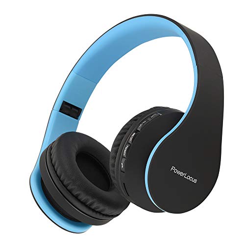 PowerLocus P1 – Auriculares Bluetooth inalambricos de Diadema Cascos Plegables, Casco Bluetooth con Sonido Estéreo con Conexión a Bluetooth Inalámbrico y Cable para Movil, PC, Tablet - Negro/Azul