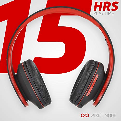 PowerLocus P2 – Auriculares Bluetooth inalambricos de Diadema Cascos Plegables, Casco Bluetooth con Sonido Estéreo Micro SD/TF, FM con micrófono y Audio Cable para Movil, PC, Tablet - Negro/Rojo